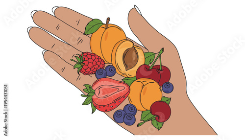 A hand holding various colorful fruits including peaches and berries illustration