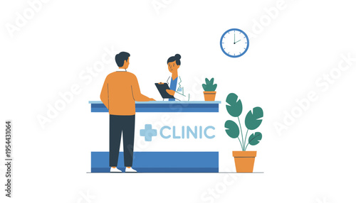 A clinic receptionist and patient at the front desk of a medical clinic