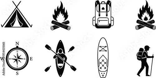 Black silhouette vector set featuring camping tents campfires backpacks compasses kayaks and hiking figures for outdoor adventure wilderness travel and forest recreation branding design