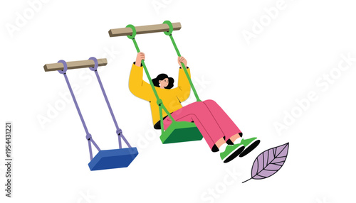 A woman swings high on a colorful swing set illustration