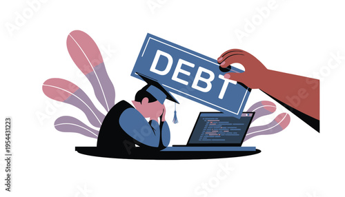 Debt concept illustration with stressed graduate and large debt sign