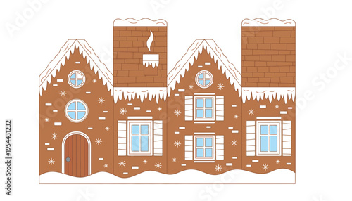 A gingerbread house illustration with snow and icing details on a white background