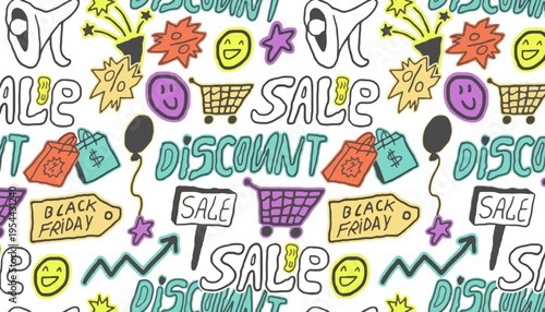 A colorful illustration of sale and discount icons for marketing materials