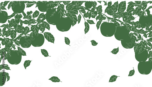 Apple green silhouette illustration with leaves on white background