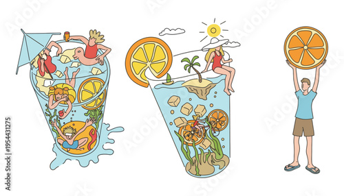 Orange vector illustration set with people enjoying summer vacation in glasses