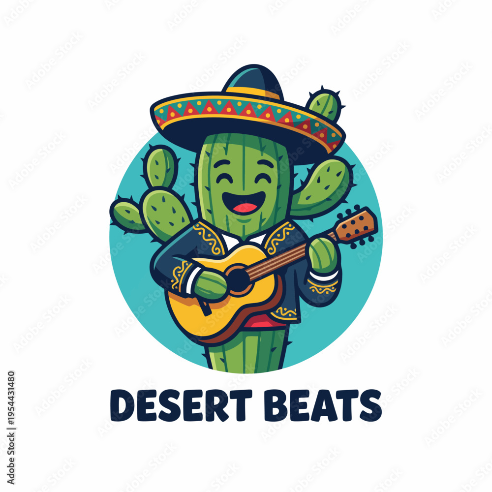 Fototapeta premium A cheerful cactus character wearing a sombrero, strumming a guitar, evoking a fun musical vibe, celebrating culture and nature in a lively desert setting.