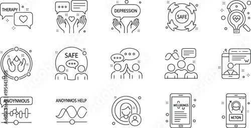 Mental health support line icon set with therapy depression safe chat anonymous help wellbeing vector illustration