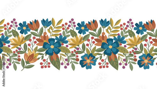 A colorful floral border illustration with blue, yellow, and orange flowers