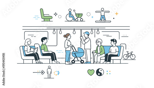 Train interior illustration with diverse passengers and accessible seating options