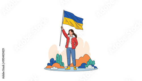 A woman holding a Ukrainian flag in a colorful illustration