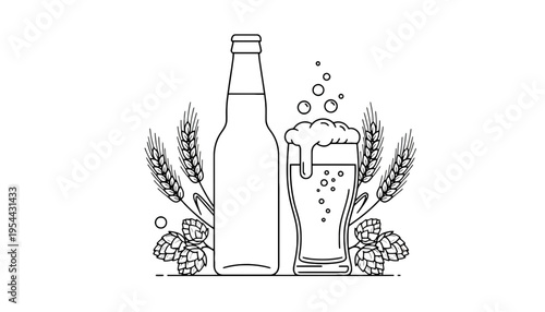 A beer bottle and glass icon illustration with wheat and hops