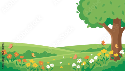 A tree illustration with colorful flowers and butterflies in a green landscape