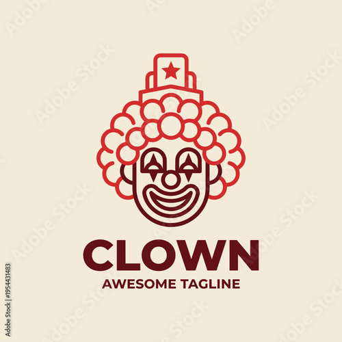 A minimalist logo design of a clown with a curly wig and star, emphasizing playful and joyful themes, perfect for events and entertainment-related businesses.