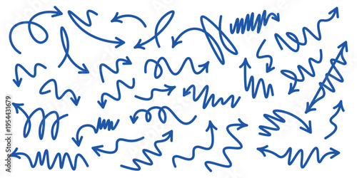 A chaotic collection of hand drawn blue arrows and swirling lines covers the entire white background