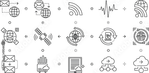 Global communication and data transfer line icon set with satellite cloud network signal technology vector illustration