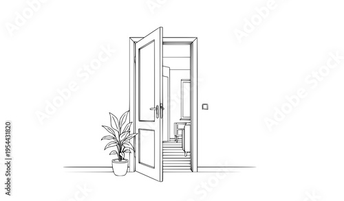 Minimalist open door with potted plant line art vector modern interior home illustration
