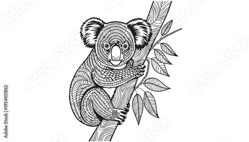 A koala vector illustration climbing a tree branch with leaves