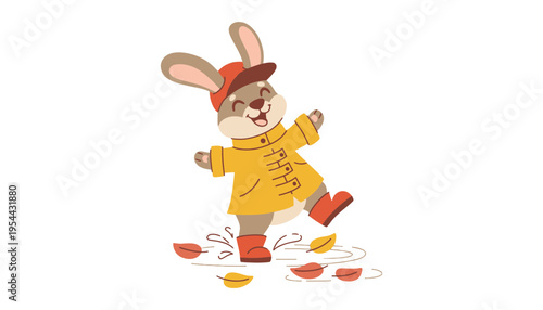 A cartoon rabbit wearing a yellow raincoat and red boots playing in puddles