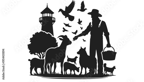 Farmer silhouette illustration with animals and lighthouse in background