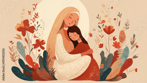 Vector illustration of mother and child surrounded by flowers