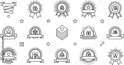 Award badge and ribbon line icon vector set with achievement recognition medal emblem collection illustration