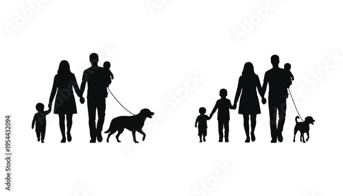 Family silhouette walking with dog and children together outdoors