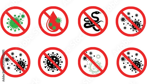 Virus icon set with forbidden signs on white background