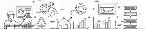 Business analytics and process optimization line vector illustration with engineer charts data workflow system management