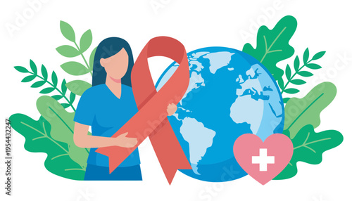 Awareness red ribbon illustration with a woman and globe for health and medical concept