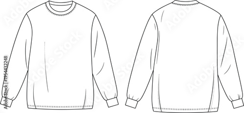 Technical flat sketch vector illustration of an oversized crew neck sweatshirt with drop shoulders and ribbed cuffs/hem, front and back view for casual apparel design and fashion CAD templates.