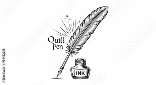 Quill pen and inkwell on white background writing instrument vintage style literary tool