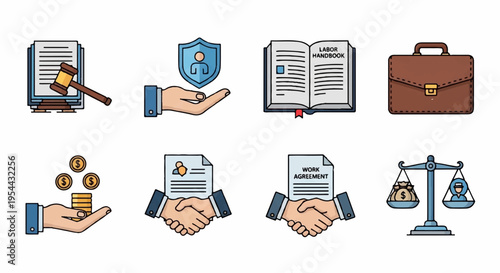 Law and justice icons set including gavel book shield briefcase hands holding coins and documents scales and handshake symbolizing legal and business