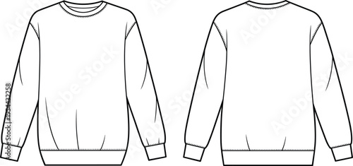 Technical flat sketch vector illustration of a basic long-sleeve crew neck sweatshirt with ribbed cuffs and hem, front and back view for casual apparel design and fashion template CAD.