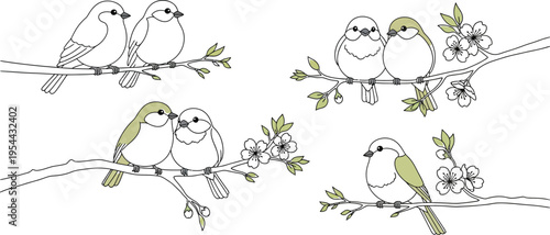 Cute cartoon birds sitting peacefully on delicate branches adorned with pink cherry blossoms in a charming spring illustration.