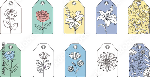 A delightful collection of pastel-colored gift tags featuring various hand-drawn floral designs perfect for spring and celebration events.