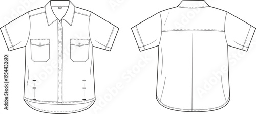 Technical flat sketch vector illustration of a short-sleeve work shirt with collar and twin button patch pockets, front and back view for apparel design and fashion production templates.