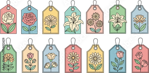 A delightful collection of pastel gift tags, each showcasing a unique and charming outline floral illustration perfect for presents and creative projects.