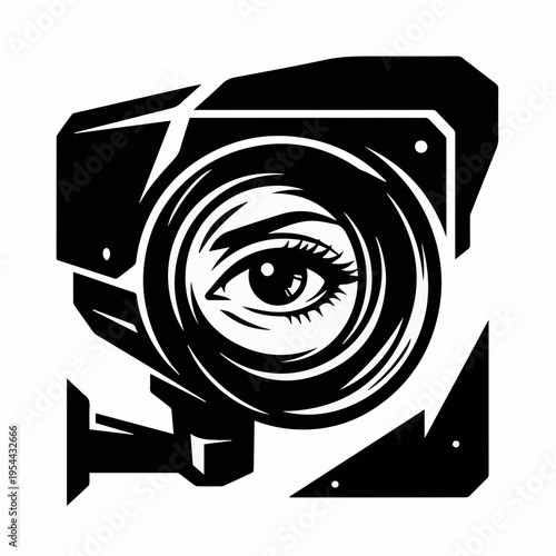 Conceptual black and white icon of a human eye inside a camera lens, symbolizing digital surveillance, mass monitoring, and the loss of privacy