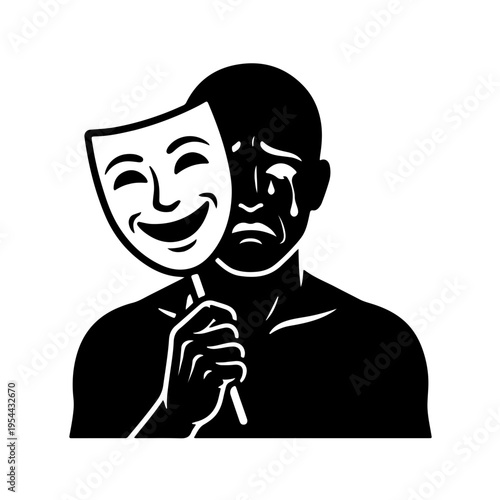 Minimalist black and white icon of a smiling mask being lifted to reveal a sad face underneath, symbolizing hidden trauma, depression, and the struggle of victims hiding their pain