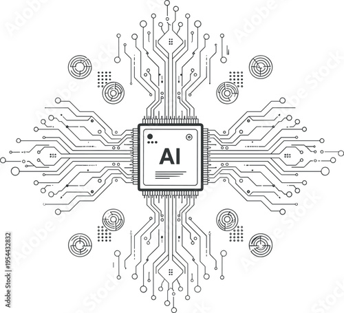 Artificial intelligence processor line vector illustration with circuit connections microchip network data technology futuristic design
