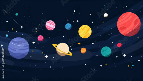 Vector illustration of colorful planets and stars in space