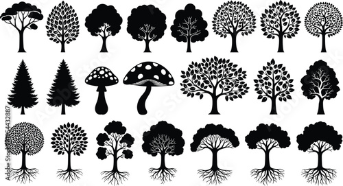 Black silhouette vector set featuring various forest trees deciduous oaks evergreen pines and spotted mushrooms with roots for nature conservation landscaping and environmental branding design