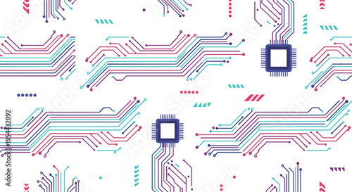 Colorful circuit board pattern vector with microchip technology lines futuristic digital background seamless design illustration