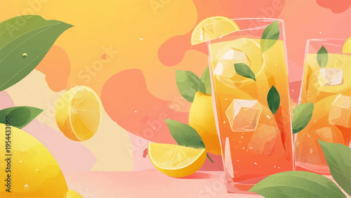 Vector illustration of refreshing summer drinks with lemons and ice cubes