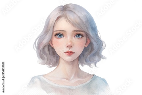 Watercolor portrait of beautiful woman with short wavy silver hair and bright blue eyes on white background