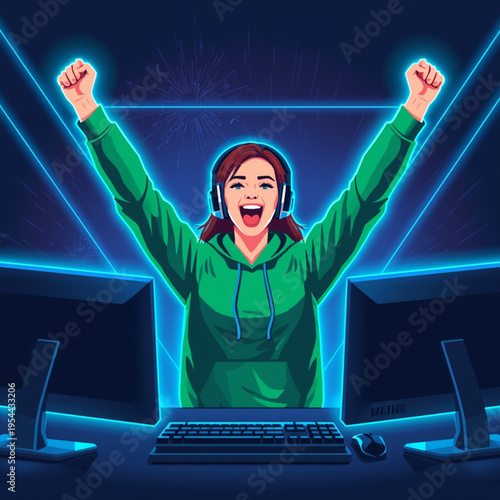 A woman celebrating in front of computer screens