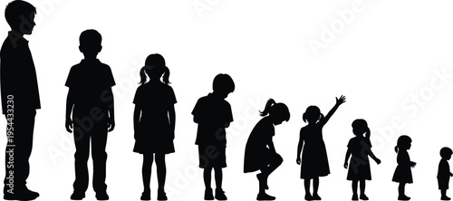 Black silhouettes of children and toddlers of various ages and heights standing in a row from tallest to shortest isolated on white background.