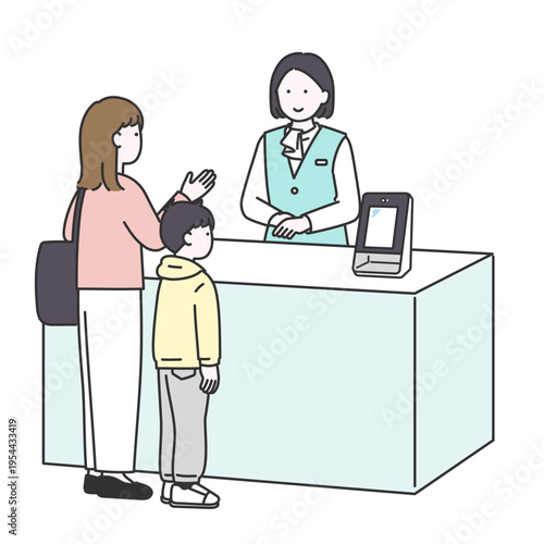 病院の受付で女性スタッフに相談をする子ども連れ患者のイラスト