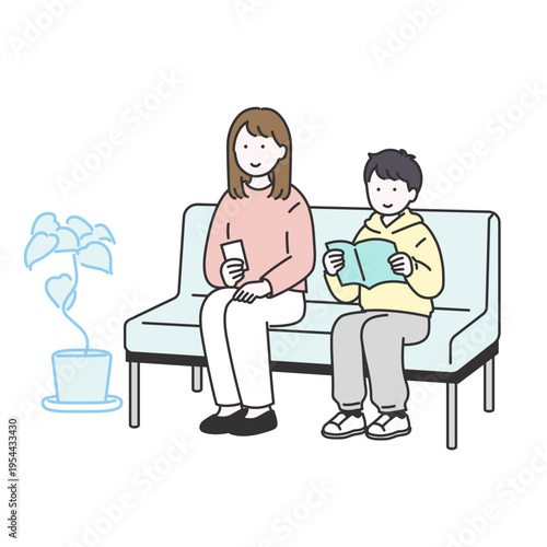 待合室のソファで順番を待つ親子のシンプルベクターイラスト