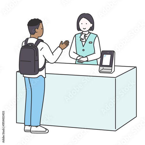 病院の受付で外国人男性の案内をする女性スタッフのイラスト